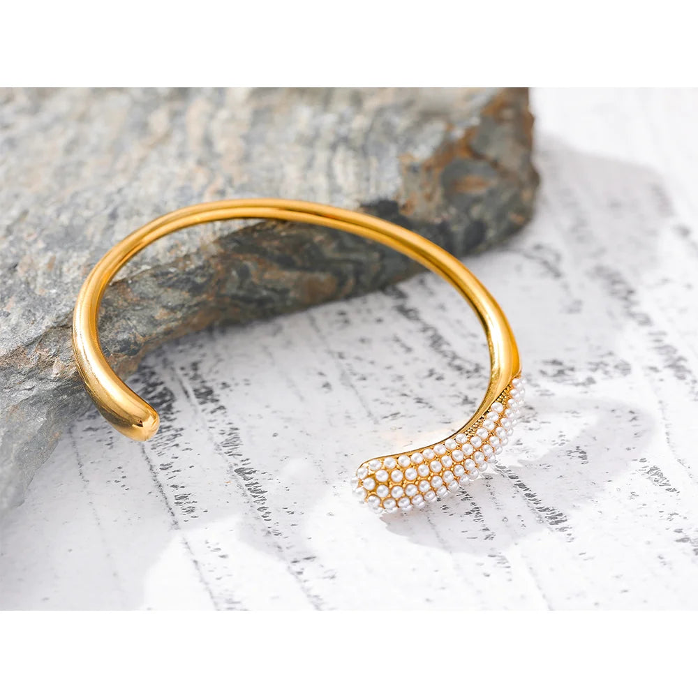 Yhpup elegante imitação de pérolas geométrica aço inoxidável 18k cor ouro manguito pulseira textura personalizada jóias presente