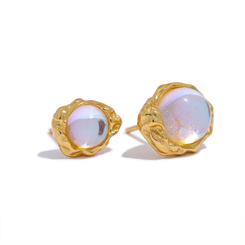 Yhpup-Asymmetric Sterling Silver Stud Earrings, Moonstone Artificial, Misteriosa Moda Textura, Encantos de Luxo, Fine Jewelry, AB