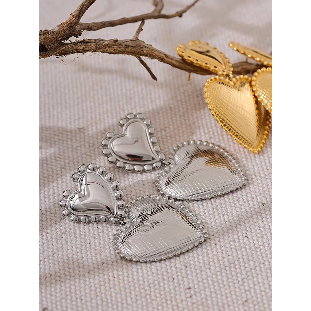 Yhpup-Coração De Metal De Aço Inoxidável e Amor Gota Brincos Românticos, 18K PVD Plated Textura Jóias, Grande Promoção, Atacado