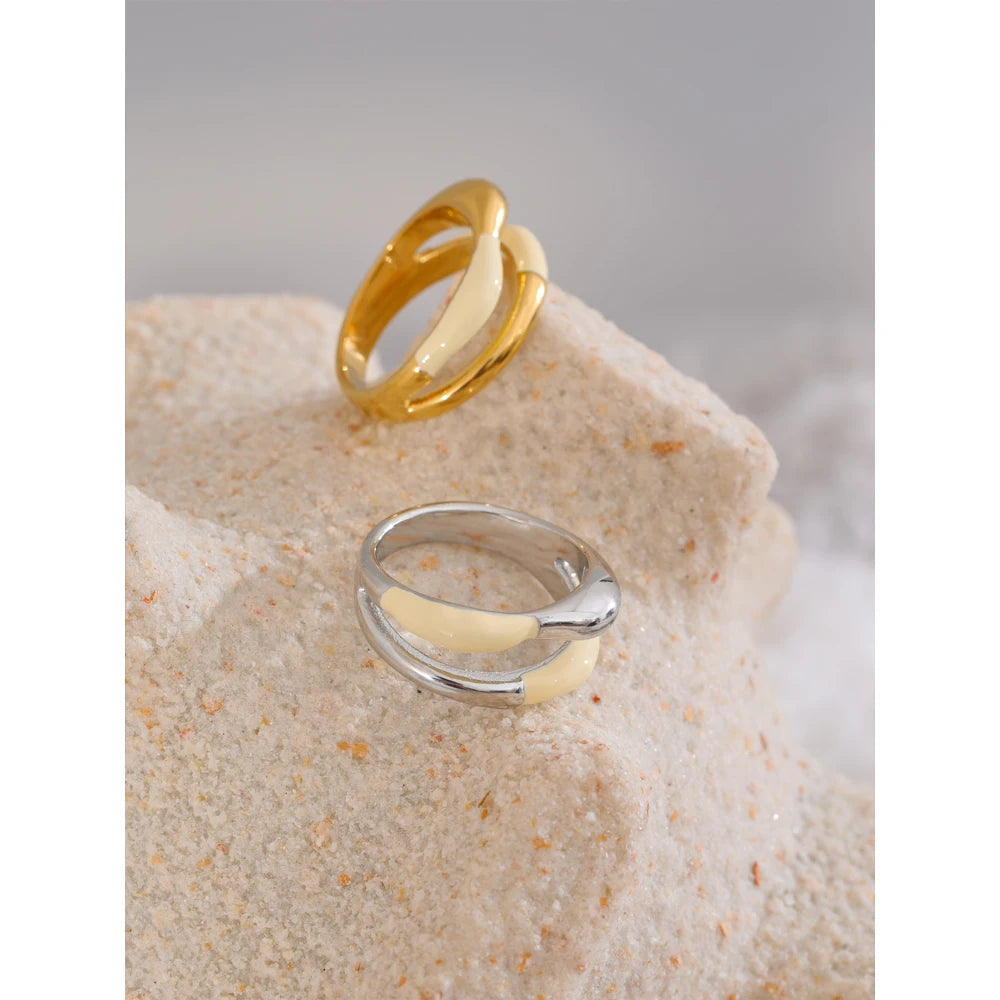 Yhpup anel requintado de aço inoxidável bege esmalte moda 18k ouro platina pvd banhado diariamente joias de dedo bijuterias para mulheres