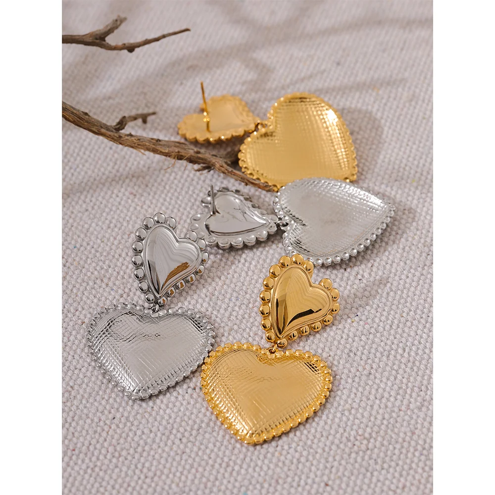 Yhpup-Coração De Metal De Aço Inoxidável e Amor Gota Brincos Românticos, 18K PVD Plated Textura Jóias, Grande Promoção, Atacado