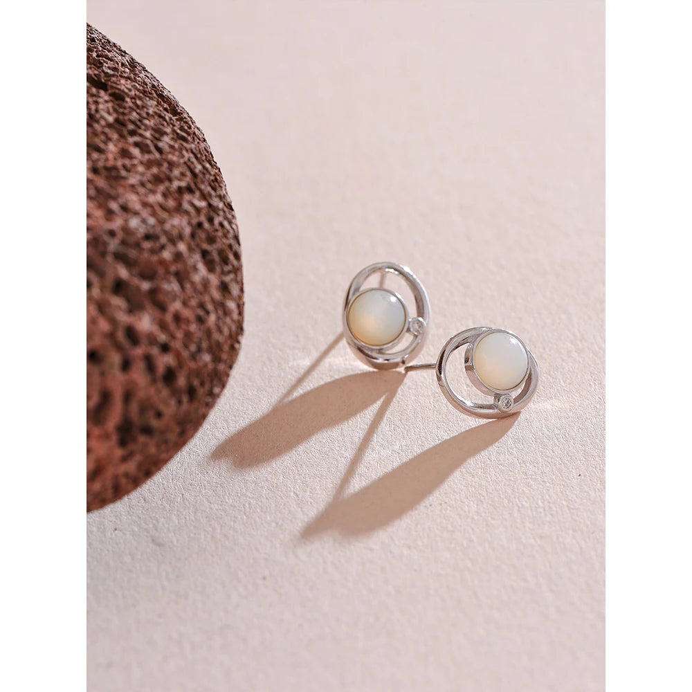 Yhpup moda pedra natural opala concha cz redondo oco brincos para mulheres s925 prata esterlina requintado chique jóias