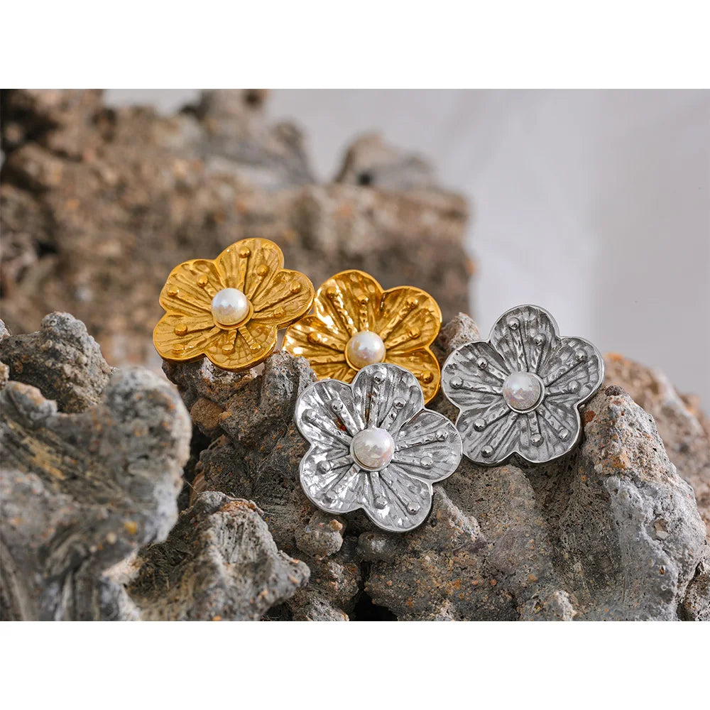 Yhpup moda flor imitação de pérolas brincos de aço inoxidável à prova d' água joias femininas 18k pvd banhado elegante bijuterias presente