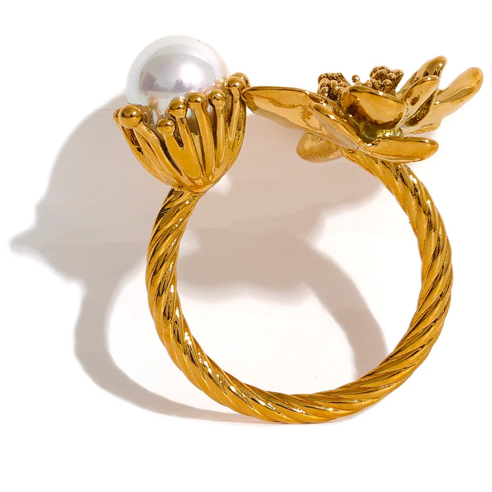 Yhpup anel de flor com pingente de moda de aço inoxidável para mulheres, declaração de personalidade, cor dourada, acessórios de joias à prova d'água