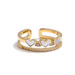 Yhpup requintado natural concha coração zircônia anel de dupla camada 18k cor ouro pvd banhado a aço inoxidável joias ajustáveis