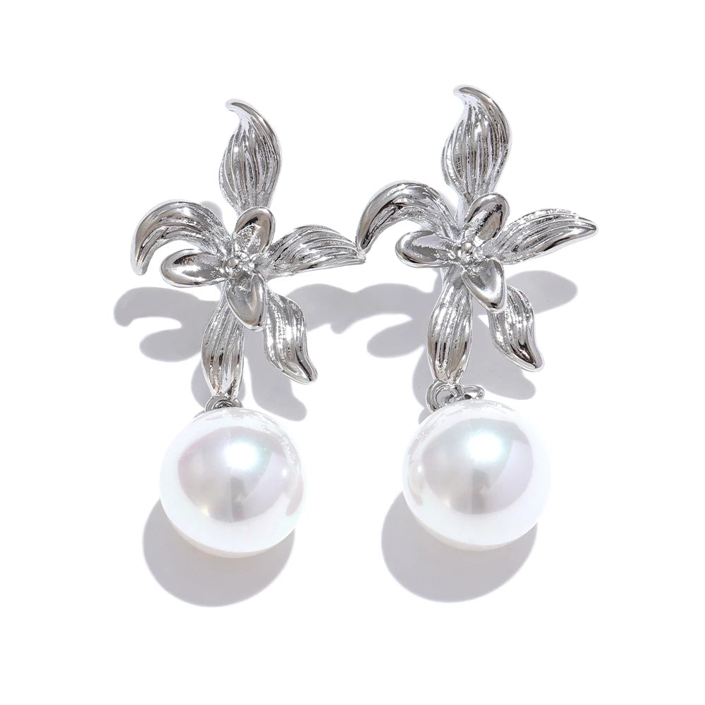 Yhpup-Brincos de aço inoxidável com pérolas imitadas para mulheres, flor impermeável, acessórios elegantes para joias, moda coreana, novo