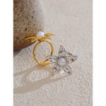 Yhpup tendência estilo metal flor pérola ajustável chique anel para mulheres 316l aço inoxidável moda jóias acessórios presente