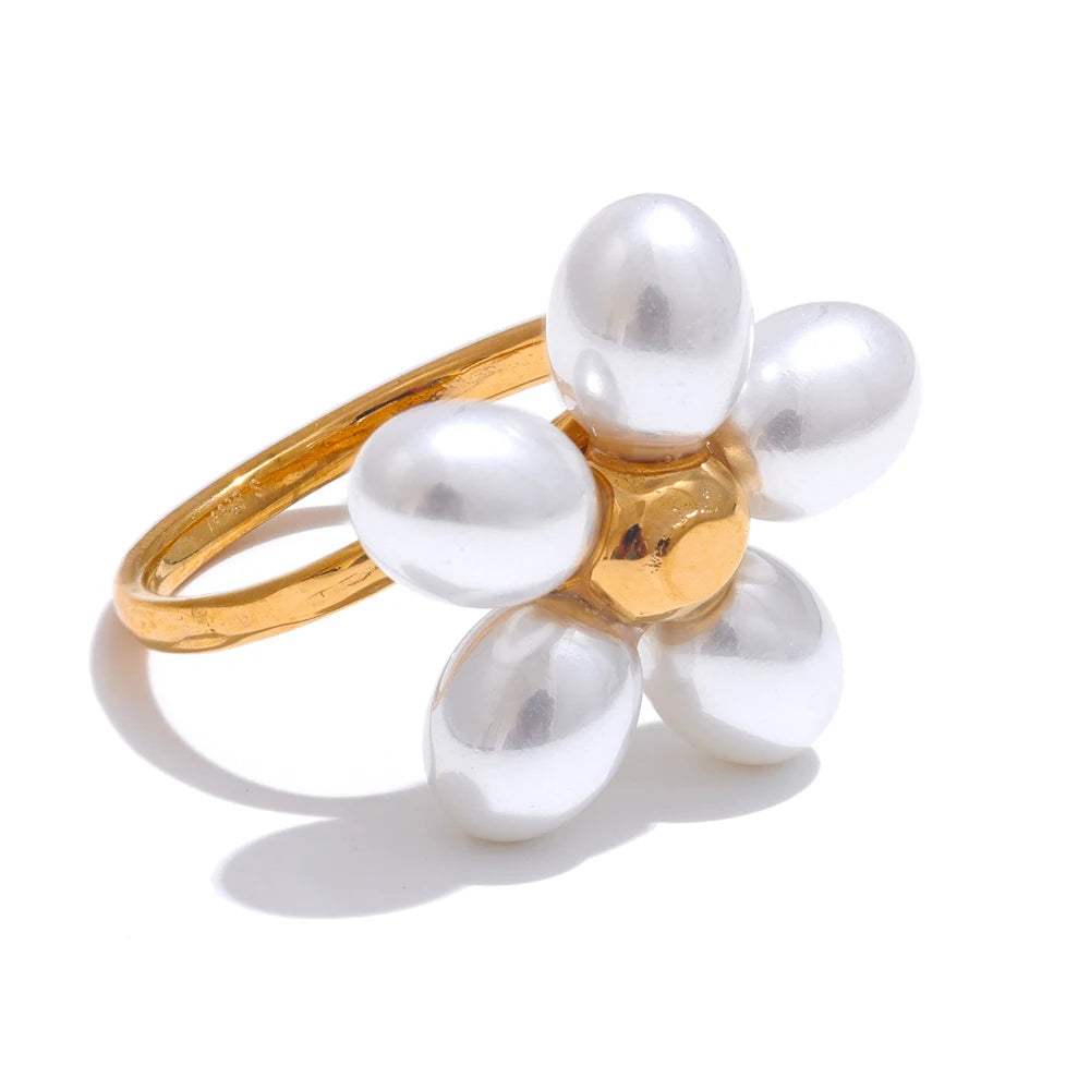 Yhpup elegante imitação de pérolas flor dourada ajustável chique anel para mulheres moda dedo joias exclusivas