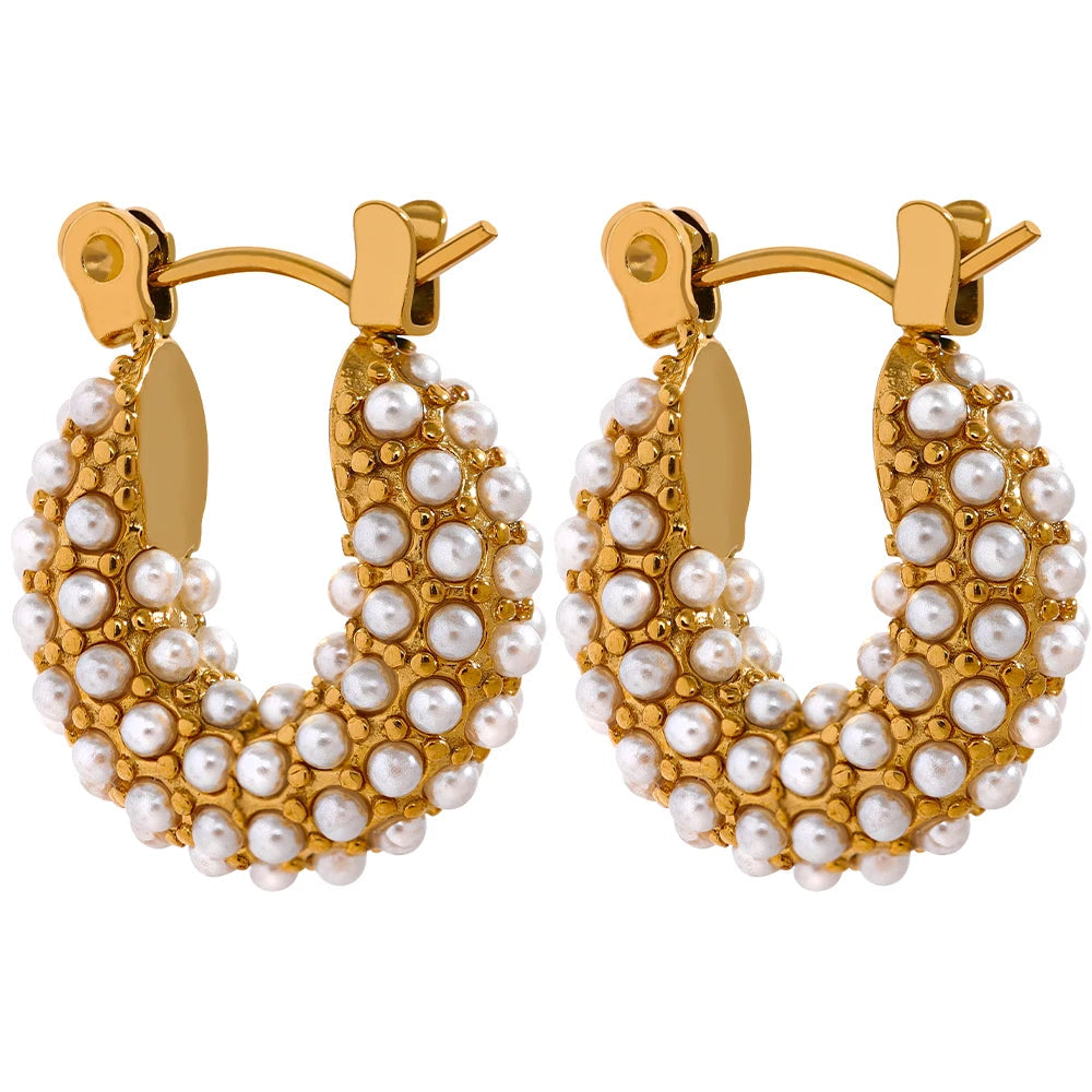 Yhpup brincos de argola pequenos de luxo em aço inoxidável, vintage, delicado, imitação de pérolas, textura, cor dourada, joias da moda à prova d'água