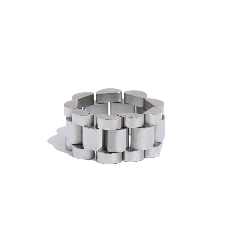 Yhpup novo anel de dedo com corrente de aço inoxidável à prova d'água, textura de metal personalizada, charme à prova de ferrugem, joias da moda para mulheres