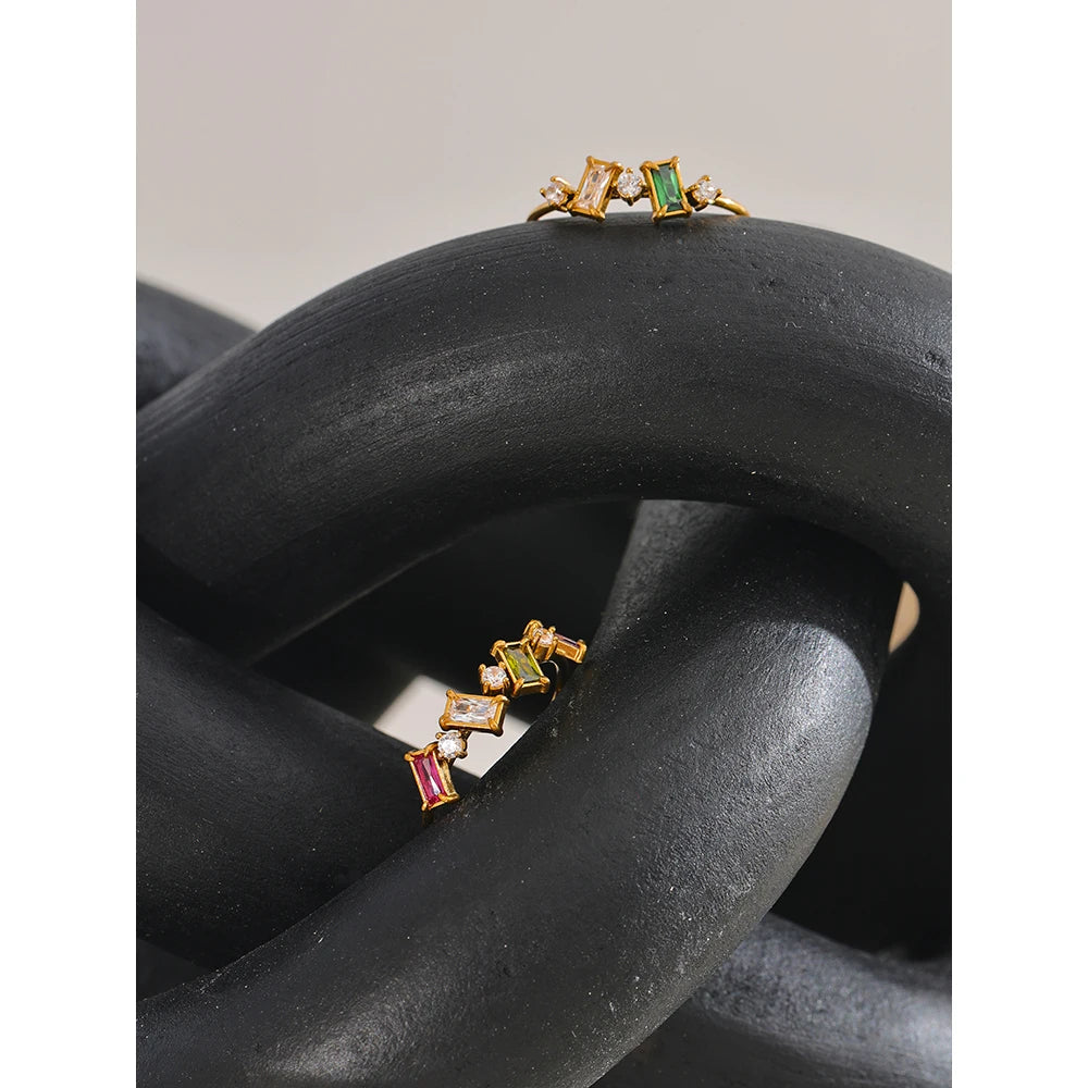 Yhpup chique bling colorido zircônia cúbica fina moda anel 2024 à prova dwaterproof água de aço inoxidável na moda requintado dedo cz jóias
