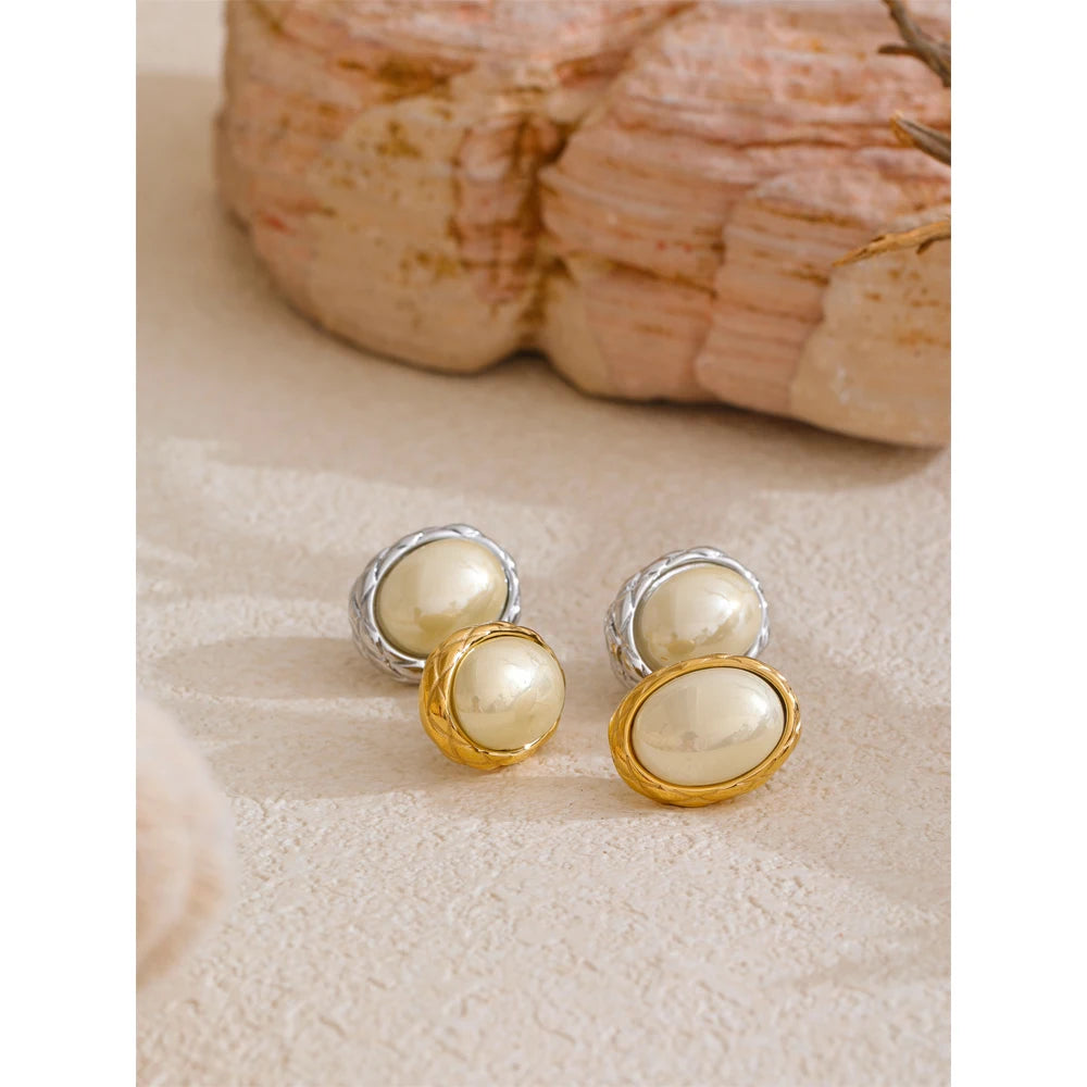 Yhpup estilo coreano amarelo simulado pérola oval brincos para mulheres de aço inoxidável 18k pvd banhado diariamente moda jóias presente