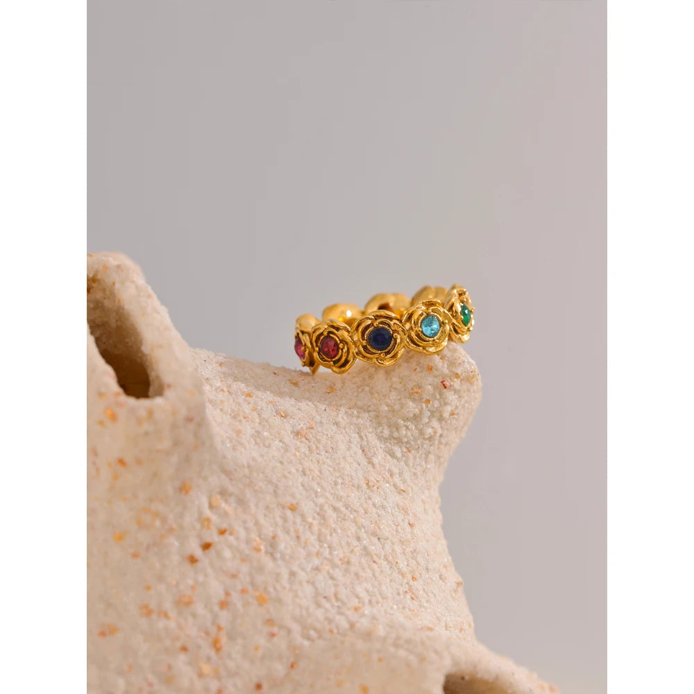 Yhpup Anel de flor de zircônia cúbica colorida 18K cor dourada PVD banhado a aço inoxidável moda dedo joias acessórios presente