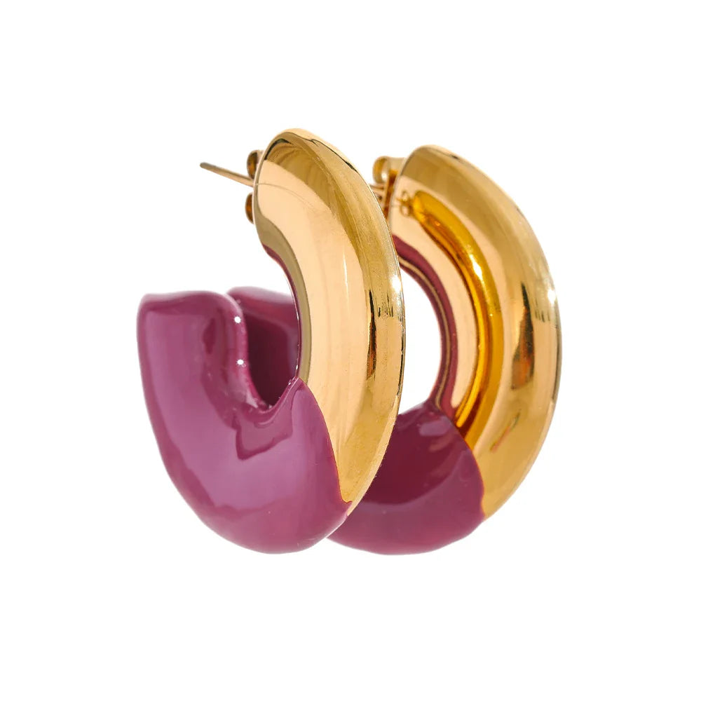Brincos Huggie Forma Yhpup-C para Mulheres, Cor do Ouro, Aço Inoxidável, Jóias Diárias, Impermeável, Esmalte Requintado, Colorido, Versátil