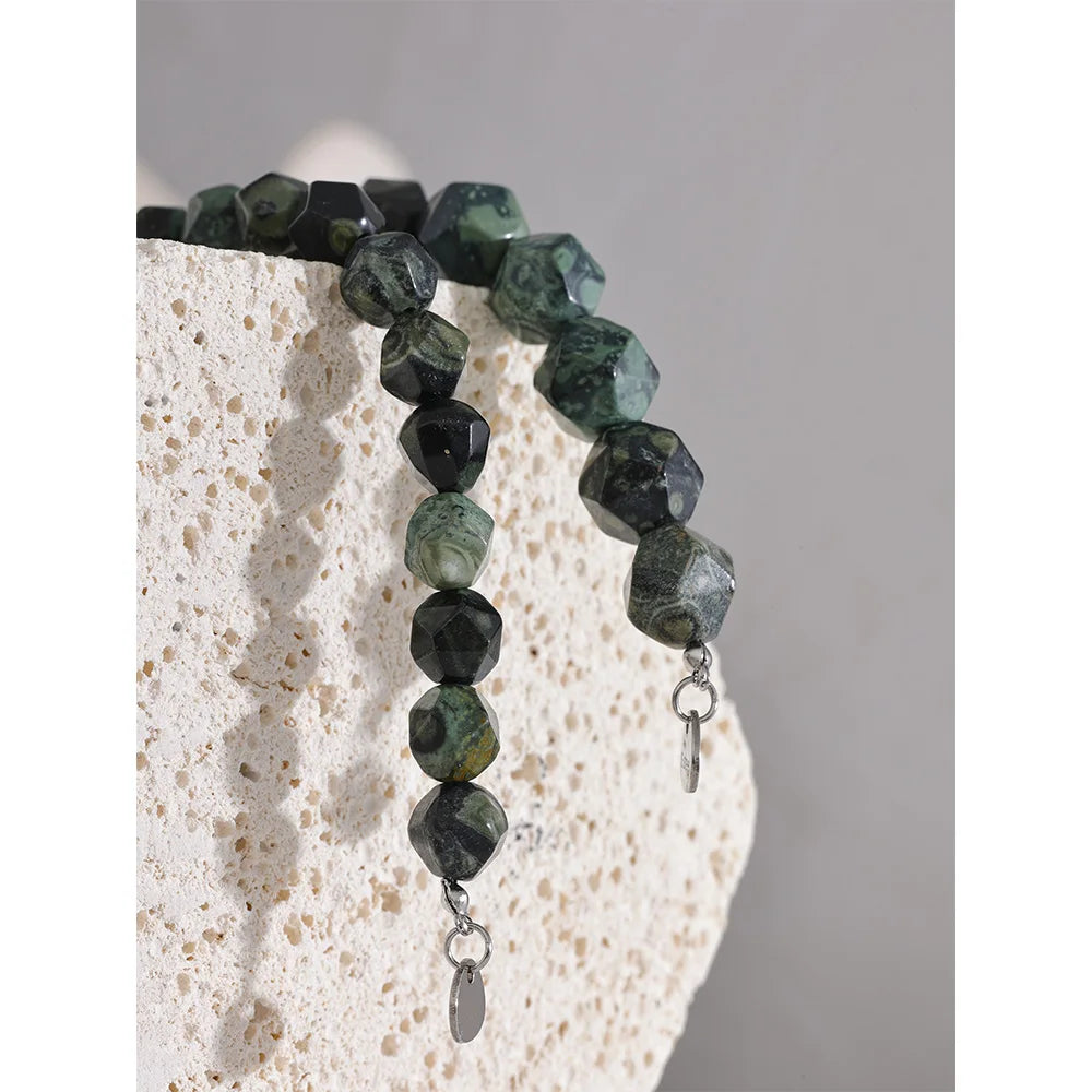 Yhpup-Natural Malaquita Pedra Contas Pulseira para Homens e Mulheres, Pulseira de Aço Inoxidável, Unisex Saúde Jóias, Cadeia Artesanal, 8 #, 10 #