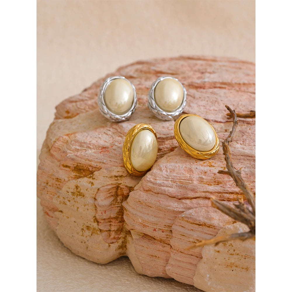 Yhpup estilo coreano amarelo simulado pérola oval brincos para mulheres de aço inoxidável 18k pvd banhado diariamente moda jóias presente