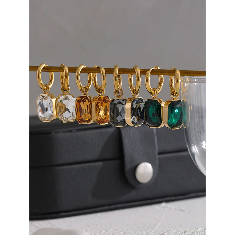 Yhpup Brincos pendentes de zircônia cúbica de aço inoxidável, brincos da moda banhados a ouro 18k, joias geométricas quadradas verdes