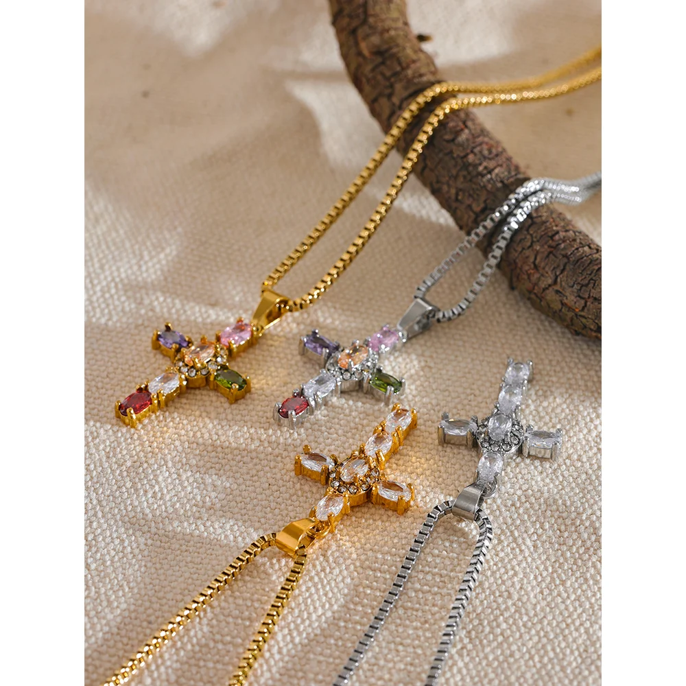 Yhpup delicado colorido bling zircônia cúbica cruz pingente de aço inoxidável colar de luxo de alta qualidade moda brilhante jóias presente