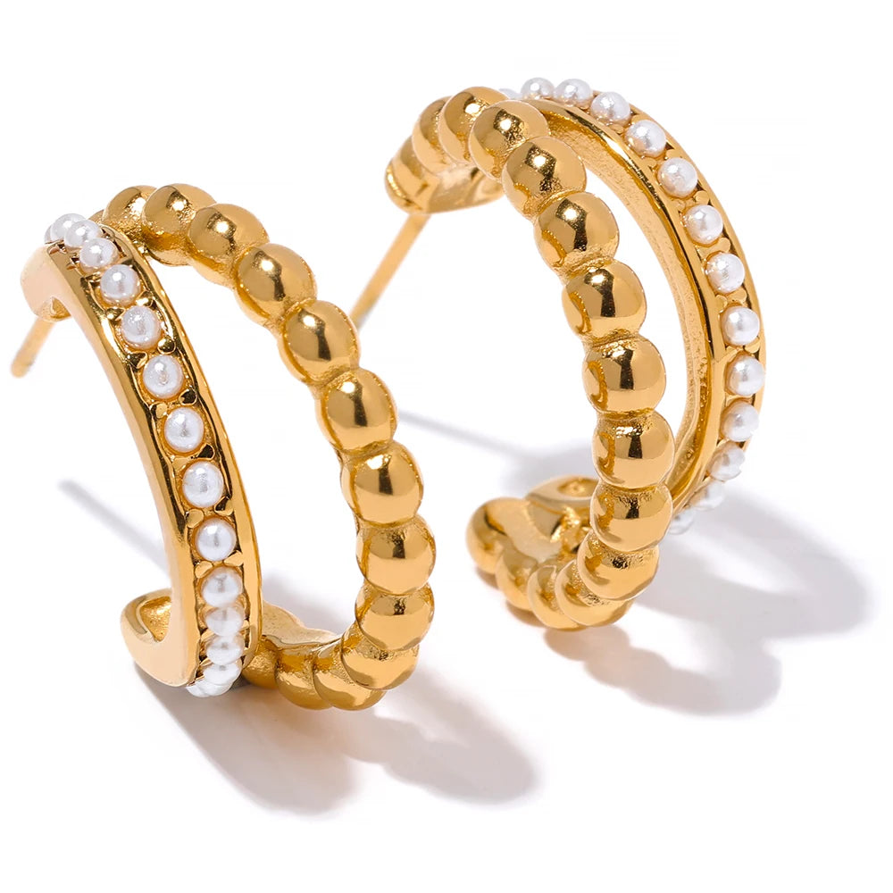 Yhpup vintage imitação de pérolas 18k banhado a ouro aço inoxidável brincos geométricos para mulheres moda joias à prova d'água
