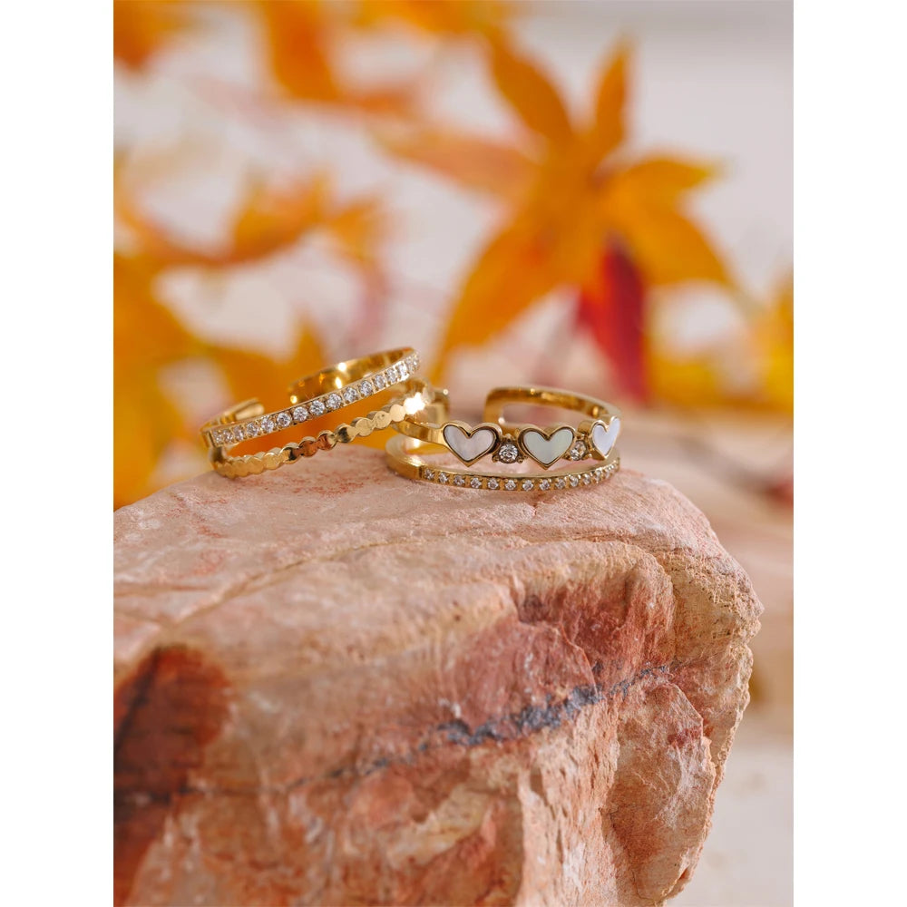 Yhpup requintado natural concha coração zircônia anel de dupla camada 18k cor ouro pvd banhado a aço inoxidável joias ajustáveis