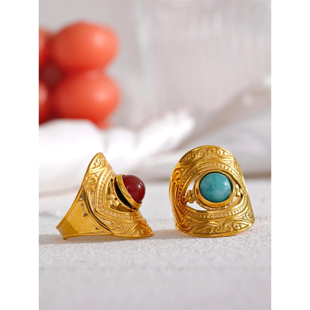 Yhpup vintage vermelho azul pedra natural anel aberto de aço inoxidável joias da moda para mulheres