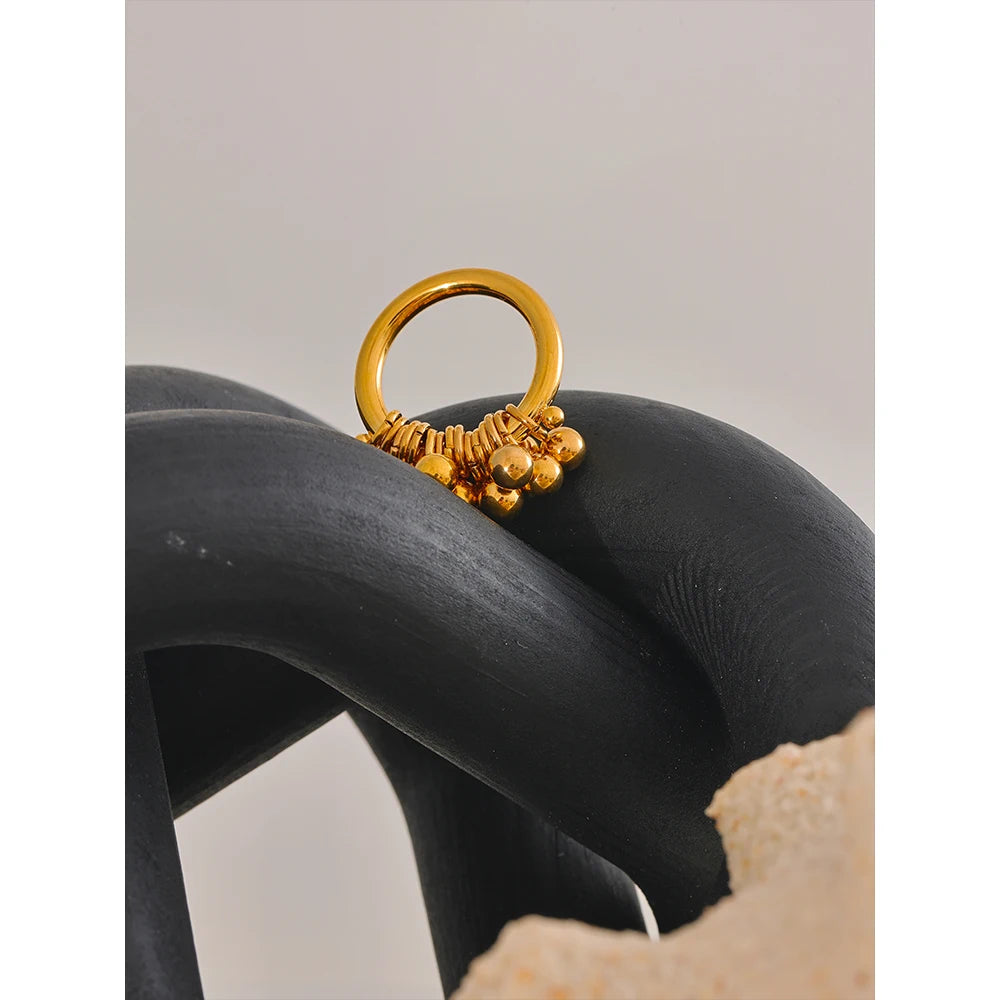 Yhpup anel de contas redondas em camadas de metal de aço inoxidável de alta qualidade 18K banhado a ouro PVD textura acessórios de joias personalizados