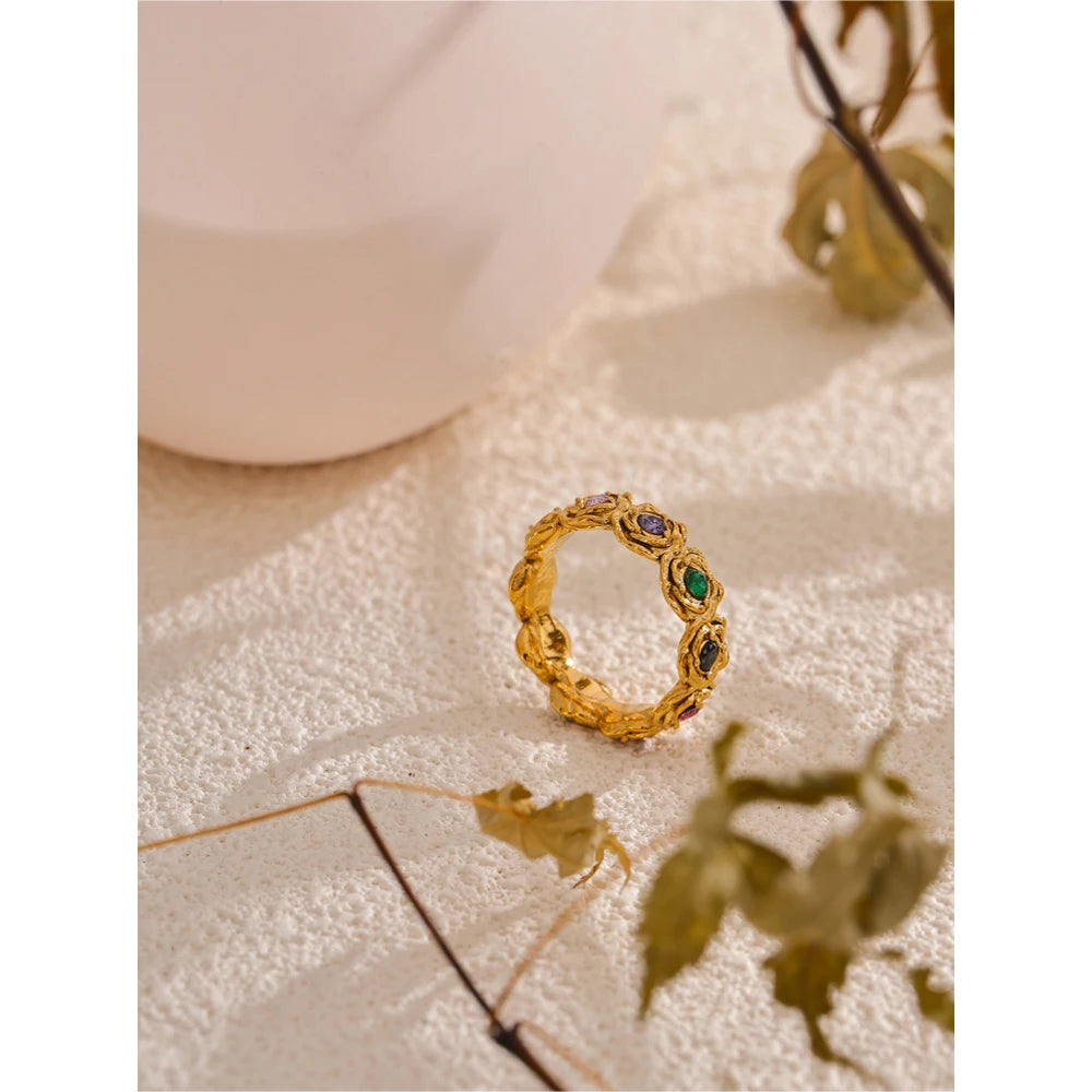 Yhpup Anel de flor de zircônia cúbica colorida 18K cor dourada PVD banhado a aço inoxidável moda dedo joias acessórios presente