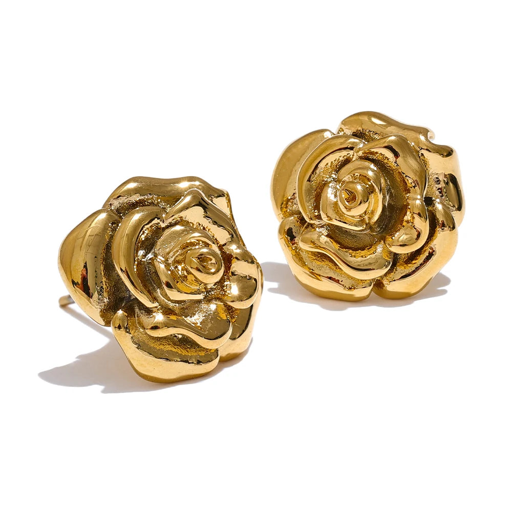 Yhpup Brincos diários à prova d'água com flor rosa de aço inoxidável para mulheres, textura elegante, joias banhadas a ouro, bijuterias