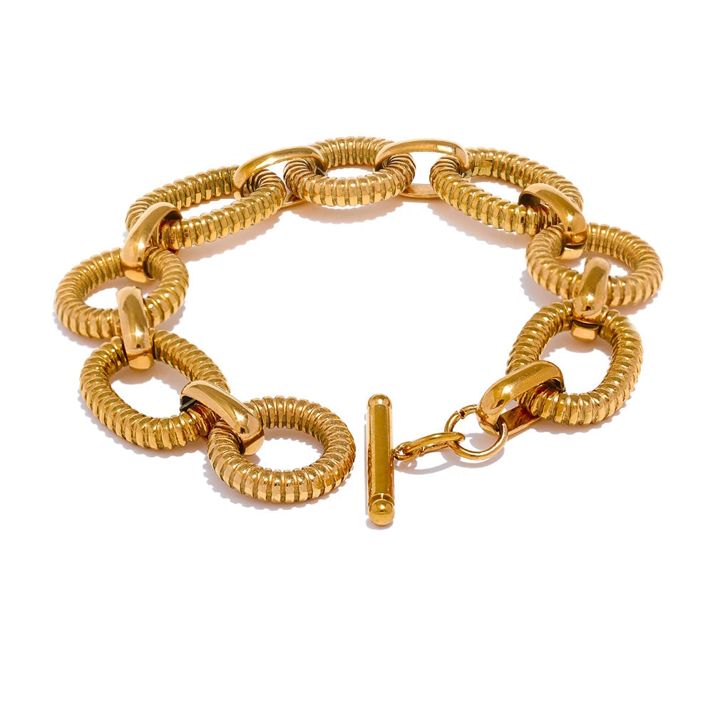 Yhpup 316L Aço Inoxidável Textura de Metal Pulseira de Corrente Oval Pulseira Homens Mulheres 18K PVD Banhado Toggle-Fechos Jóias de Declaração
