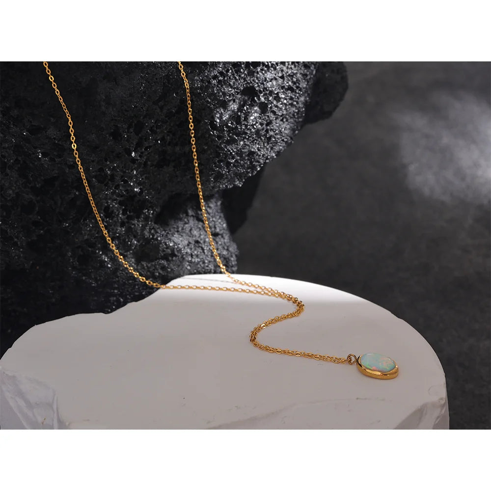 Yhpup requintado elegante processado opala pedra minimalista pequeno chique pingente colar 18k banhado a ouro jóias para presente feminino