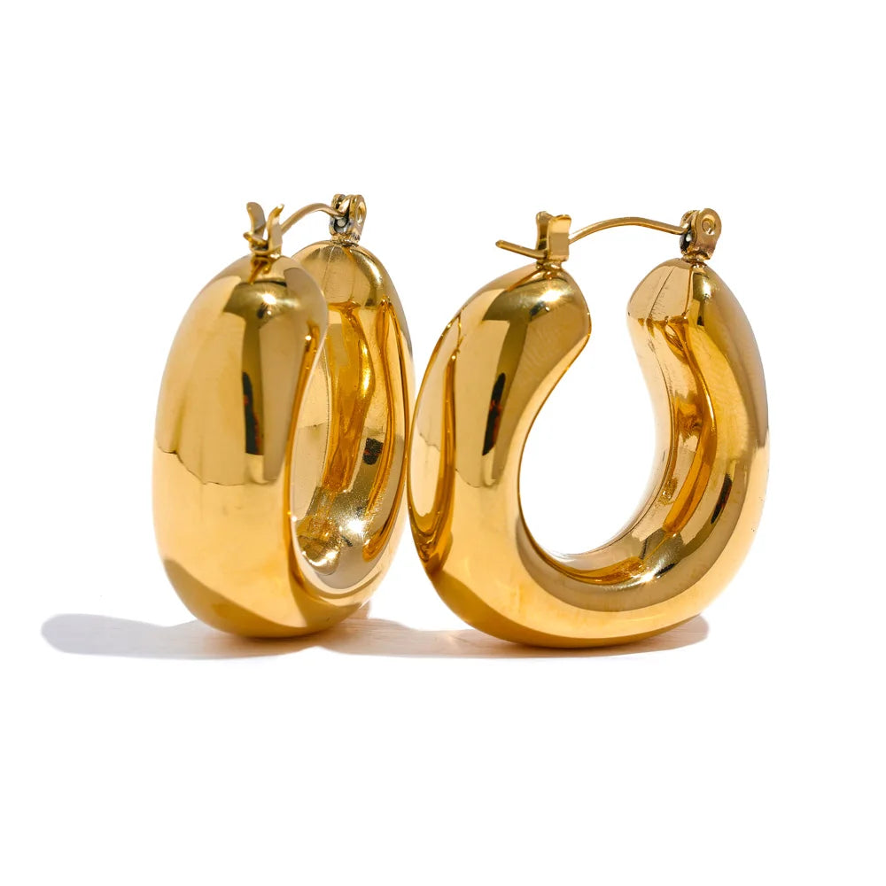 Yhpup brincos de argola grossos geométricos redondos de aço inoxidável de alta qualidade para mulheres charme metal simples joias da moda à prova d'água