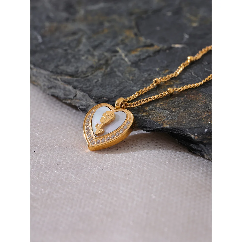 Yhpup na moda concha natural cz aço inoxidável coração flor pingente colar para mulheres coreano cor de ouro jóias à prova dwaterproof água