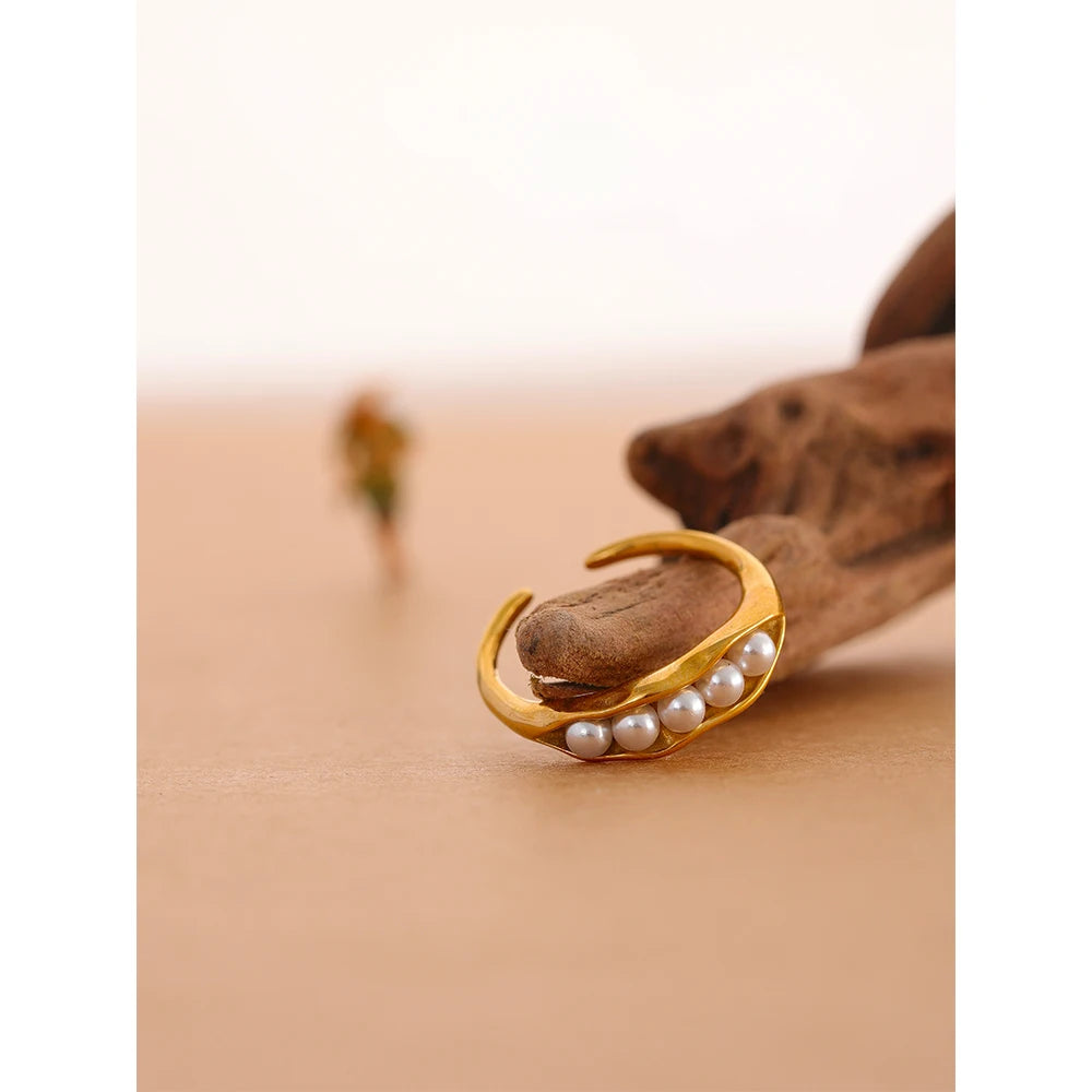 Yhpup chique charme imitação de pérolas à prova dwaterproof água metal aço inoxidável anel aberto nova moda 18k banhado a ouro feminino tendência jóias
