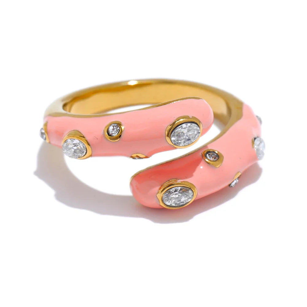 Yhpup doce ajustável y2k azul branco preto rosa esmalte zircônia cúbica requintado anel aberto dourado joias de aço inoxidável presente