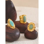 Yhpup verde pedra natural moda anel aberto ajustável aço inoxidável dourado geométrico diário declaração jóias acessórios presente