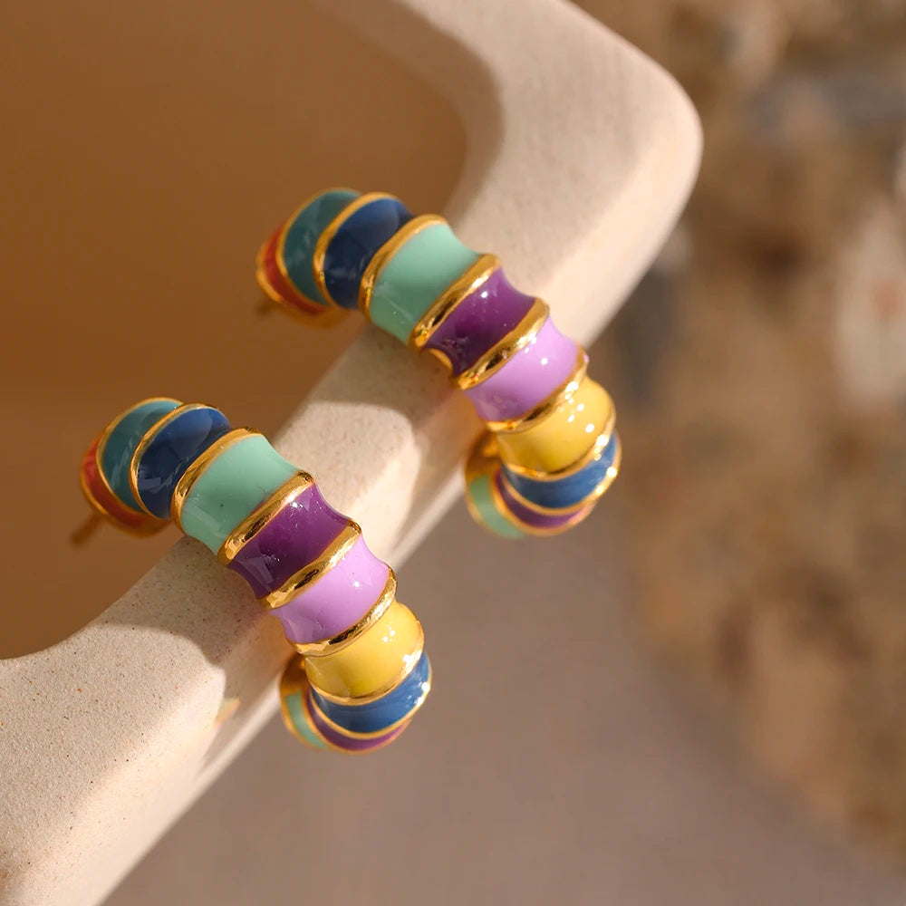 Yhpup brincos de argola de metal de aço inoxidável, esmalte colorido à prova d'água, temperamento de verão, textura única, joias de declaração