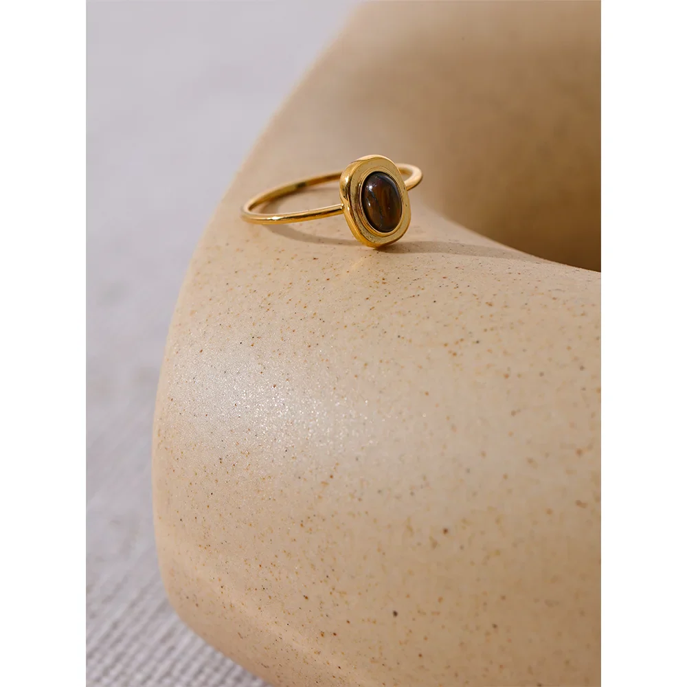 Yhpup moda pedra natural aço inoxidável oval fino chique anel feminino 18k pvd banhado à prova dwaterproof água jóias acessórios 2024 presente
