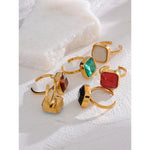 Yhpup opala colorida natural olho de gato pedra aço inoxidável quadrado aberto anel de alta qualidade à prova de ferrugem cor dourada joias de dedo