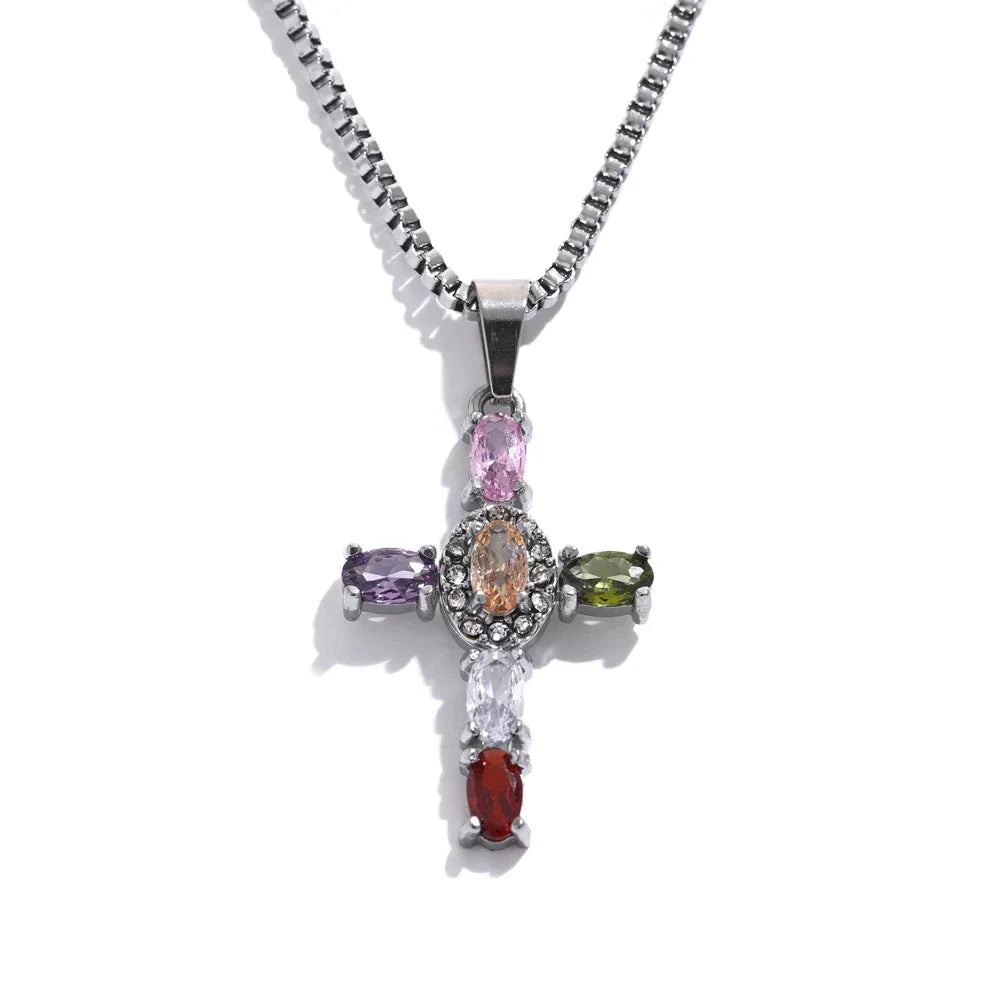 Yhpup delicado colorido bling zircônia cúbica cruz pingente de aço inoxidável colar de luxo de alta qualidade moda brilhante jóias presente