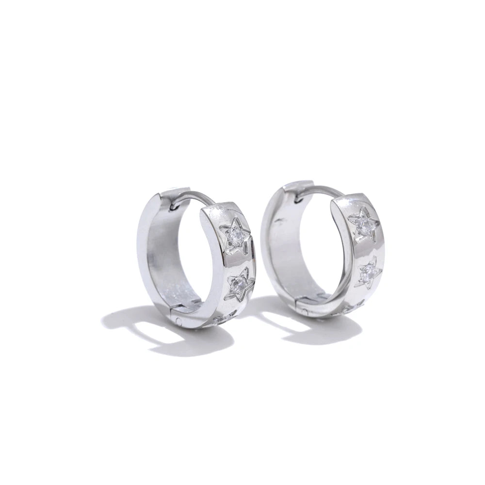 Yhpup tamanho: 16*16mm zircônia estrela redonda brincos de argola diários para mulheres evitam alergias joias chiques de alta qualidade em aço inoxidável