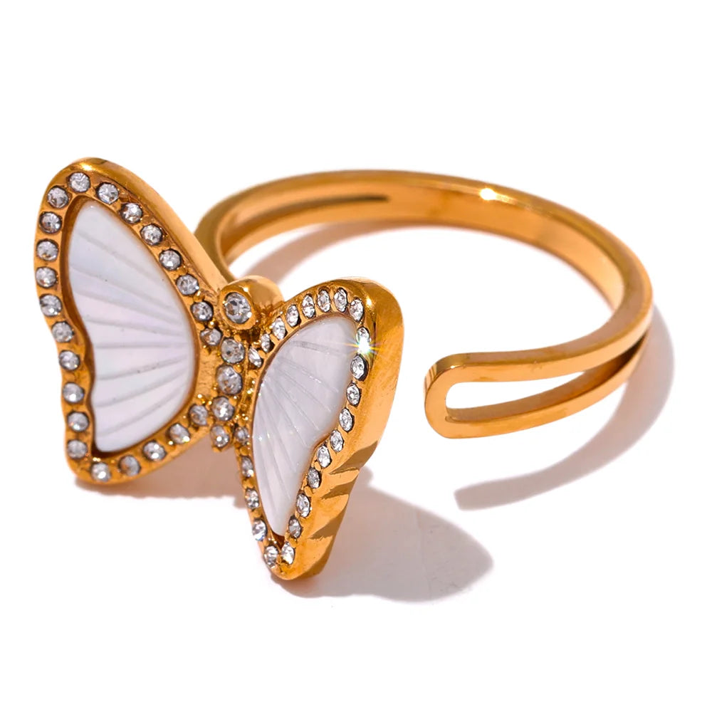 Yhpup-Natural Shell CZ Anel De Borboleta De Aço Inoxidável, Zircônia Cúbica Incrustada, Cor Do Ouro, Moda Requintada, Acessórios De Jóias