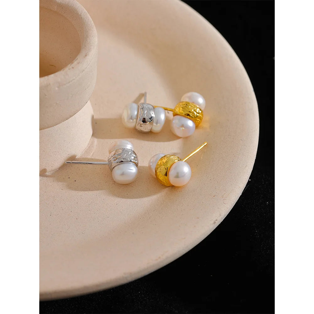 Brincos geométricos de prata esterlina, pérolas naturais de água doce, garanhão pequeno, moda de alta qualidade, joias finas, presente de luxo