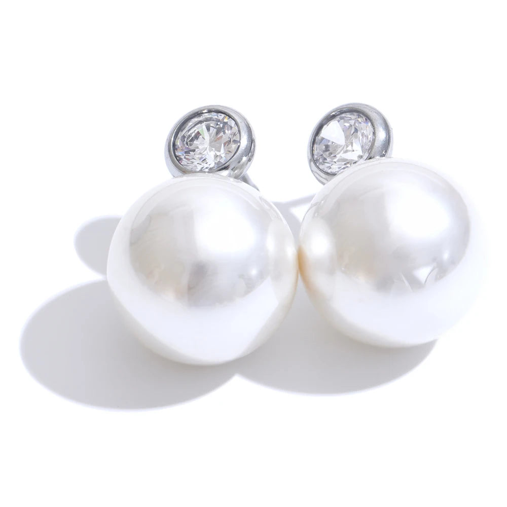 Yhpup estilo coreano imitação de pérolas zircão redondo clássico diário brincos feminino charme de aço inoxidável moda jóias presente