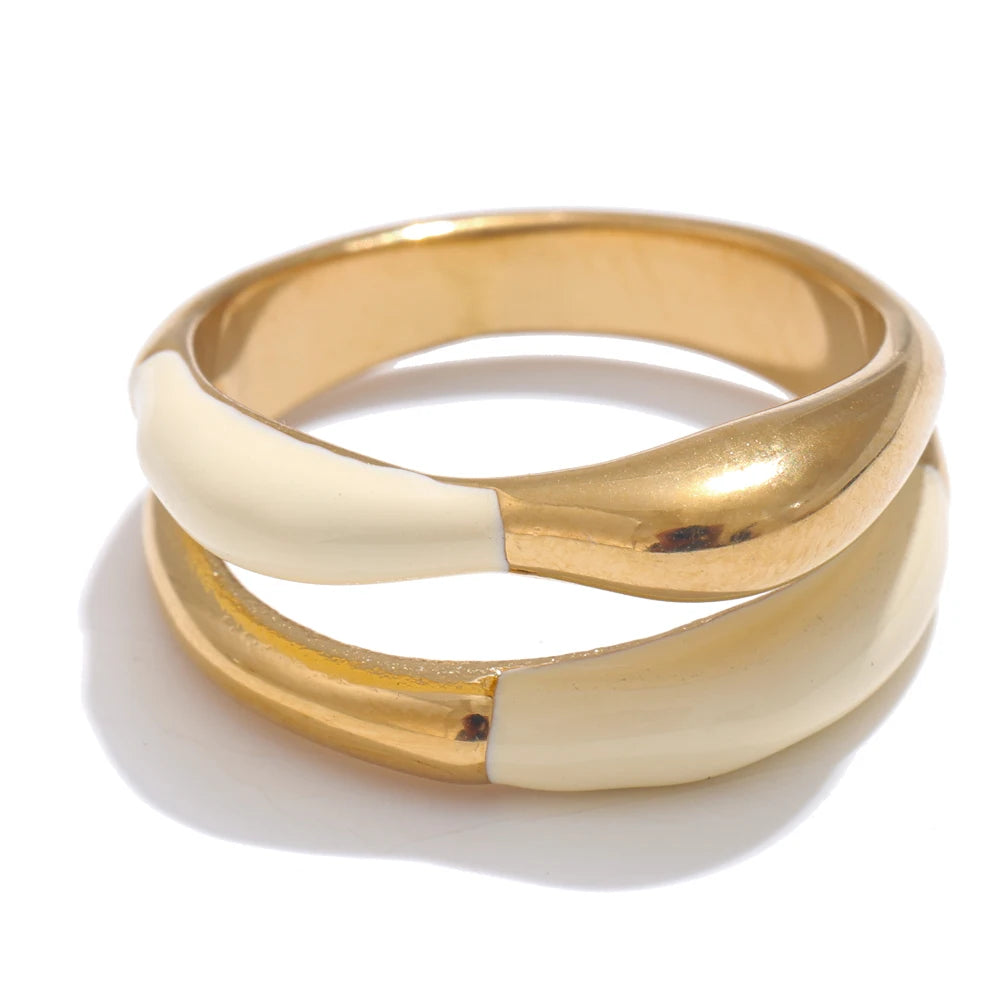 Yhpup anel requintado de aço inoxidável bege esmalte moda 18k ouro platina pvd banhado diariamente joias de dedo bijuterias para mulheres