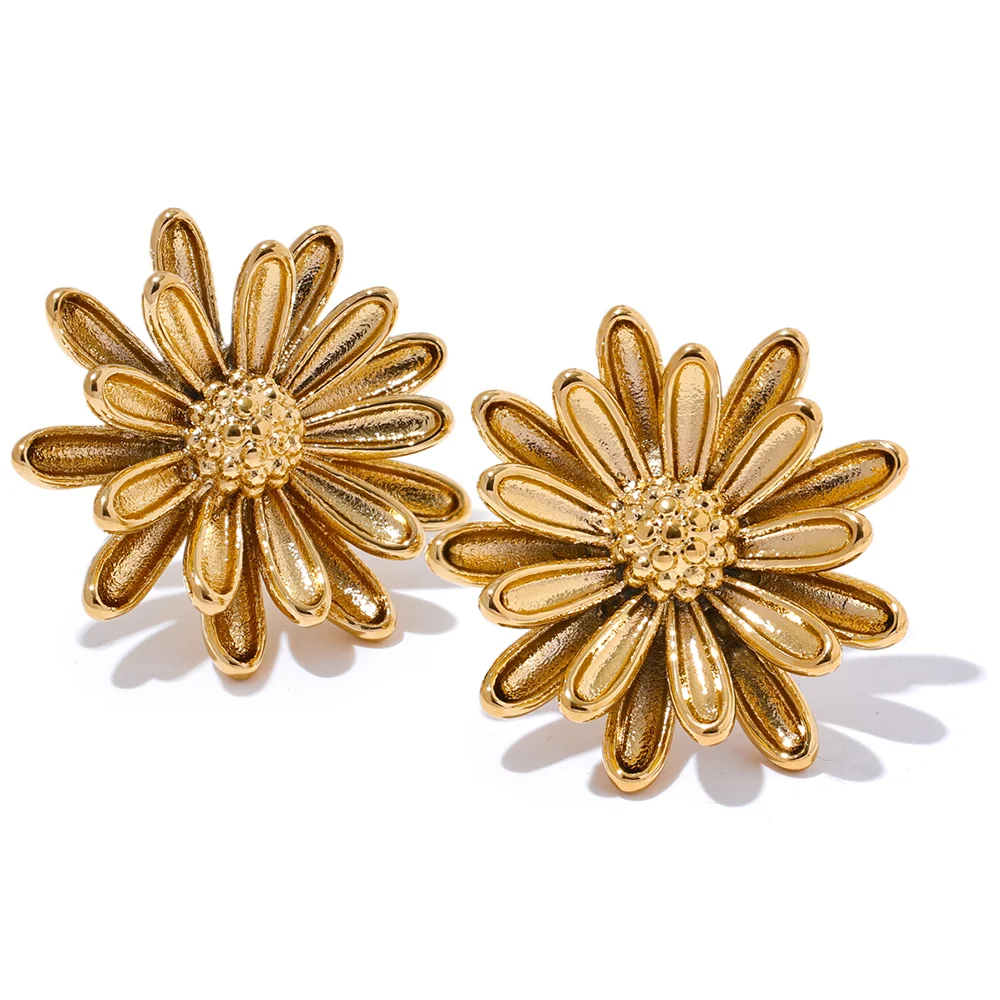 Yhpup 316L Aço Inoxidável Metal Crisântemo Flor Brincos para Mulheres 18K PVD Banhado A Prova de Ferrugem Moda Joias Diárias