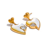 Yhpup exclusivo concha natural zircônia coração amor brincos de alta qualidade aço inoxidável banhado a pvd joias requintadas