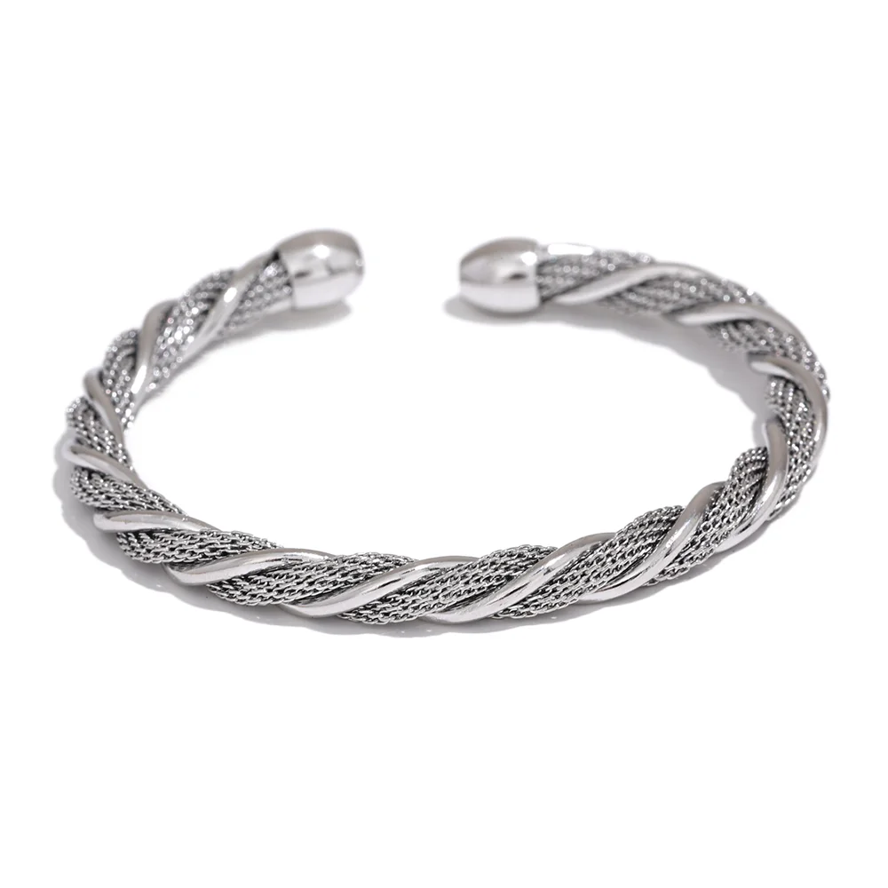 Yhpup pulseira redonda torcida de aço inoxidável à prova d'água, pulseira aberta para mulheres, textura de metal, joia de declaração, presente