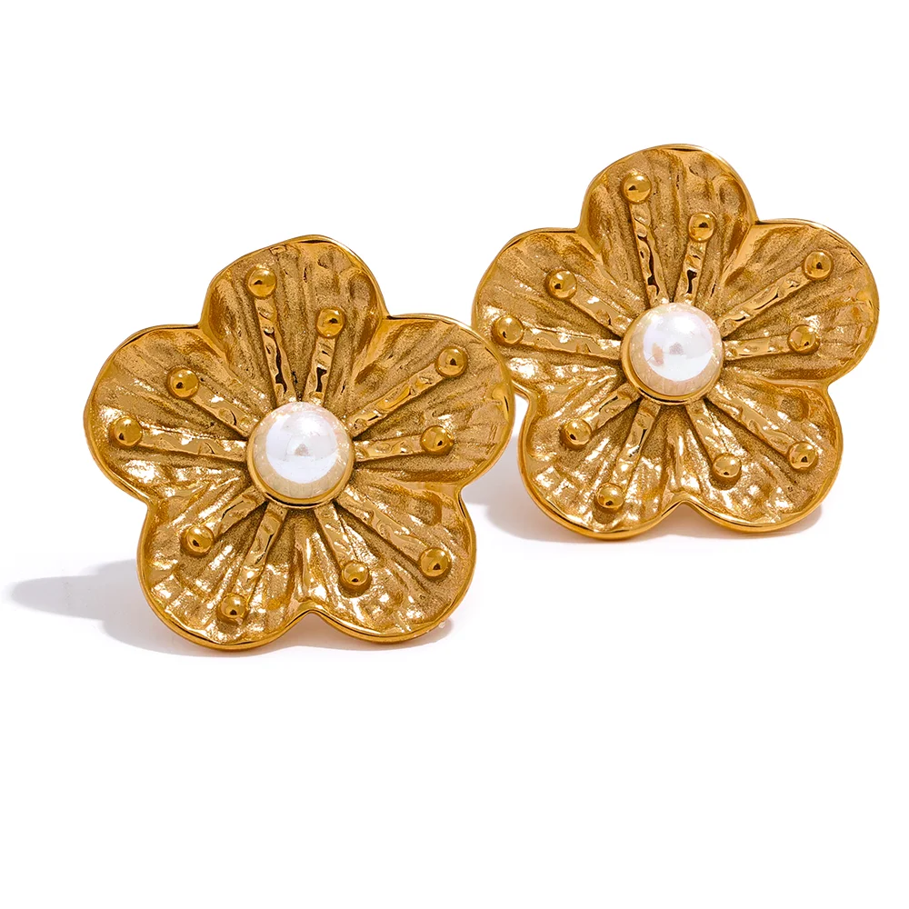 Yhpup moda flor imitação de pérolas brincos de aço inoxidável à prova d' água joias femininas 18k pvd banhado elegante bijuterias presente