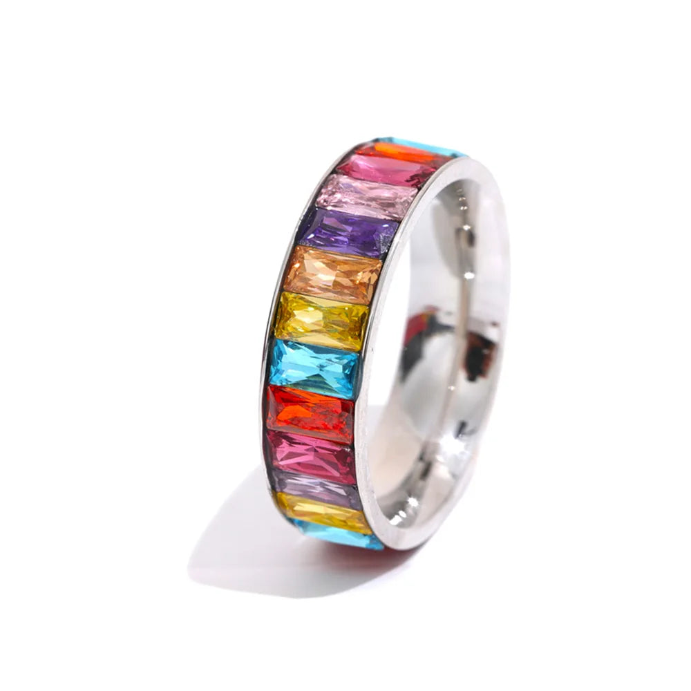 Yhpup delicado brilhante colorido zircônia cúbica aço inoxidável anel múltiplo de alta qualidade luxo cz bling popular moda jóias