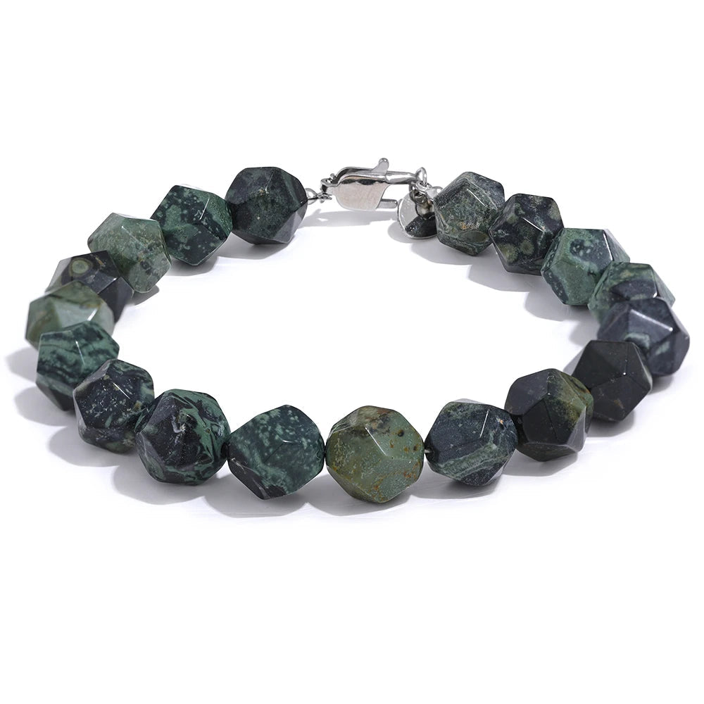 Yhpup-Natural Malaquita Pedra Contas Pulseira para Homens e Mulheres, Pulseira de Aço Inoxidável, Unisex Saúde Jóias, Cadeia Artesanal, 8 #, 10 #